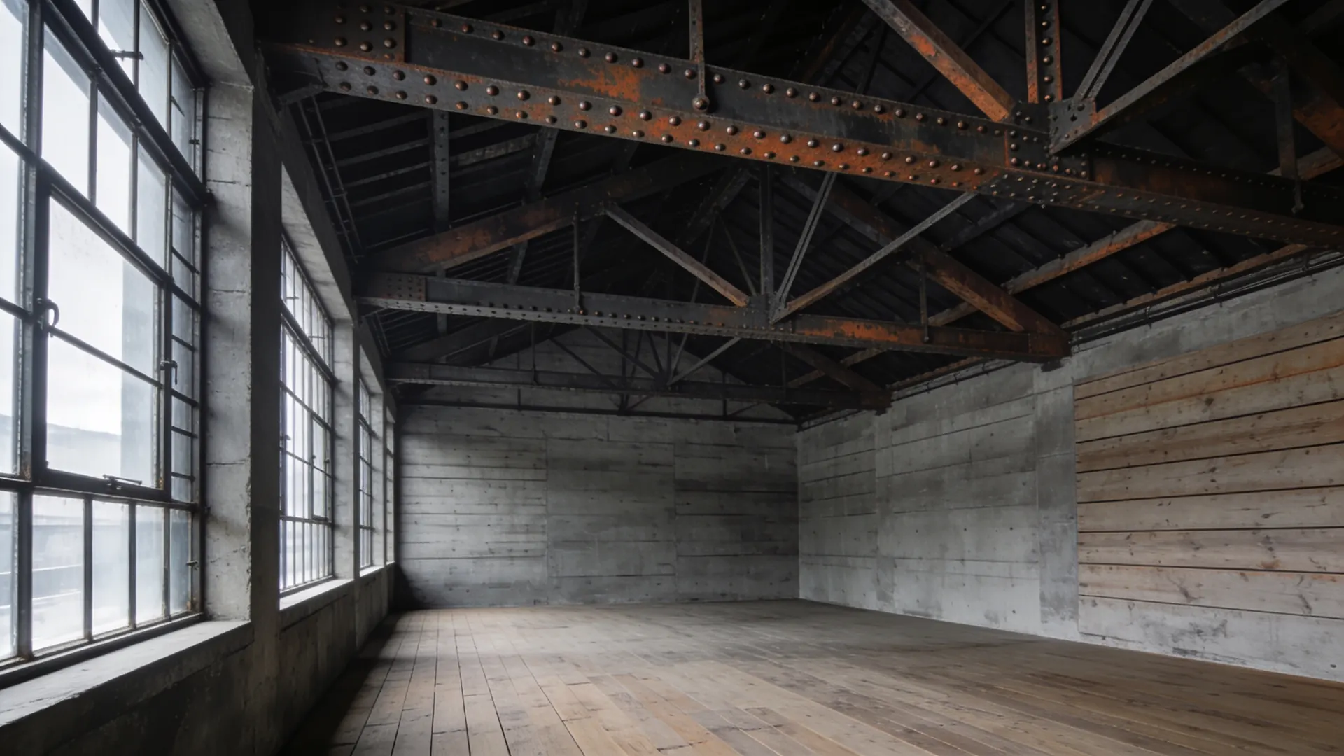 Top-floor interior of a converted warehouse: riveted steel roof trusses left exposed above board-marked concrete walls and a plank floor.