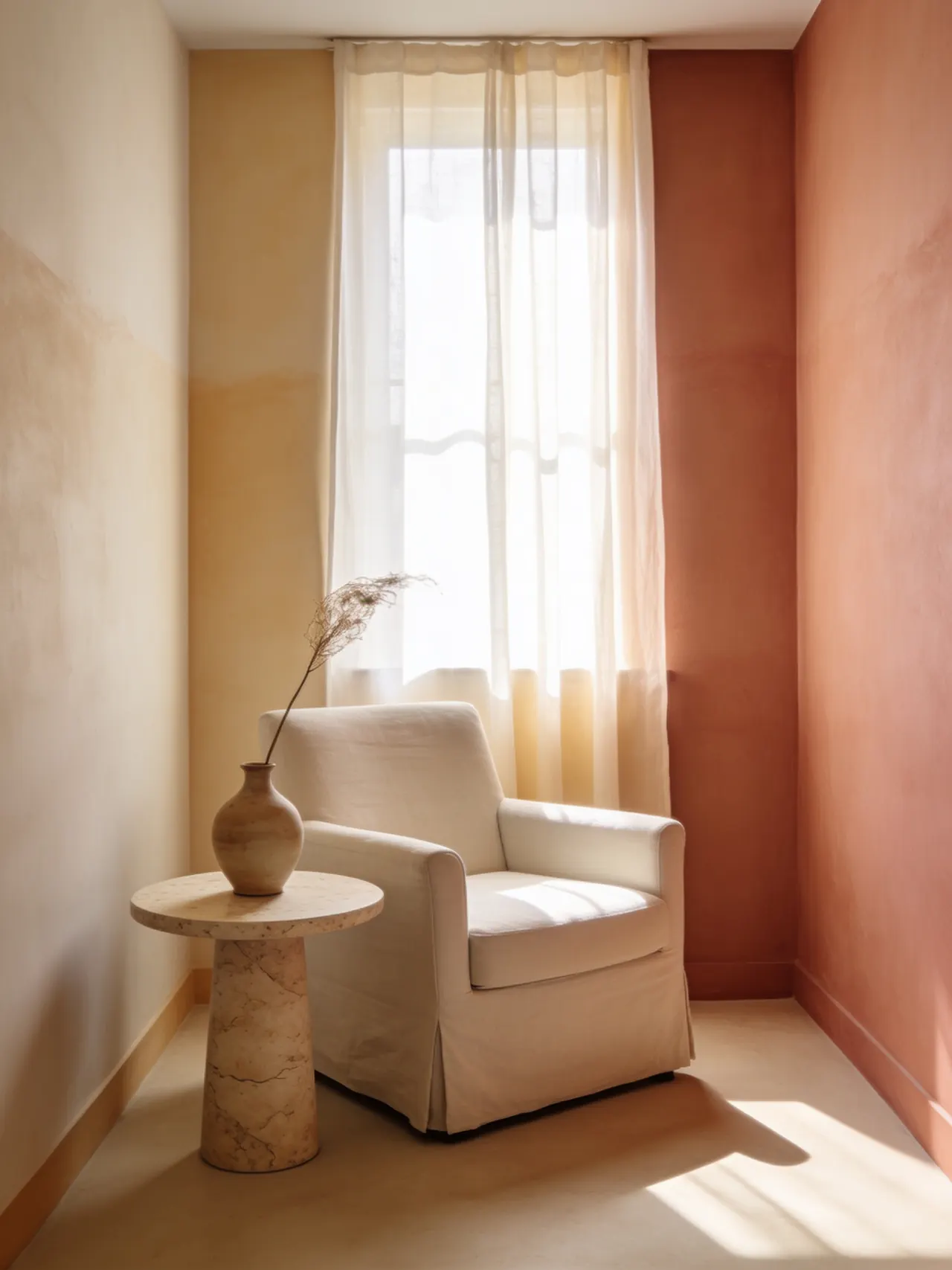 A quiet consultation room in warm morning light: a pale linen armchair beside a round travertine table holding a single dried stem.