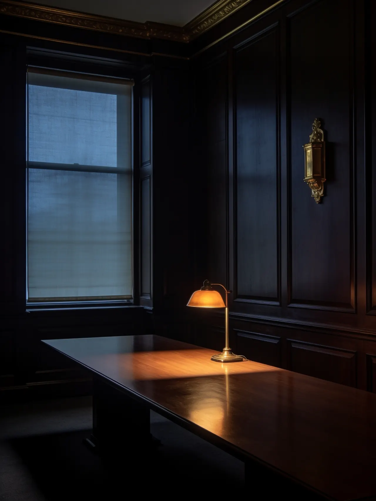 A panelled meeting room at dusk, lit by a single brass desk lamp on a long polished table.